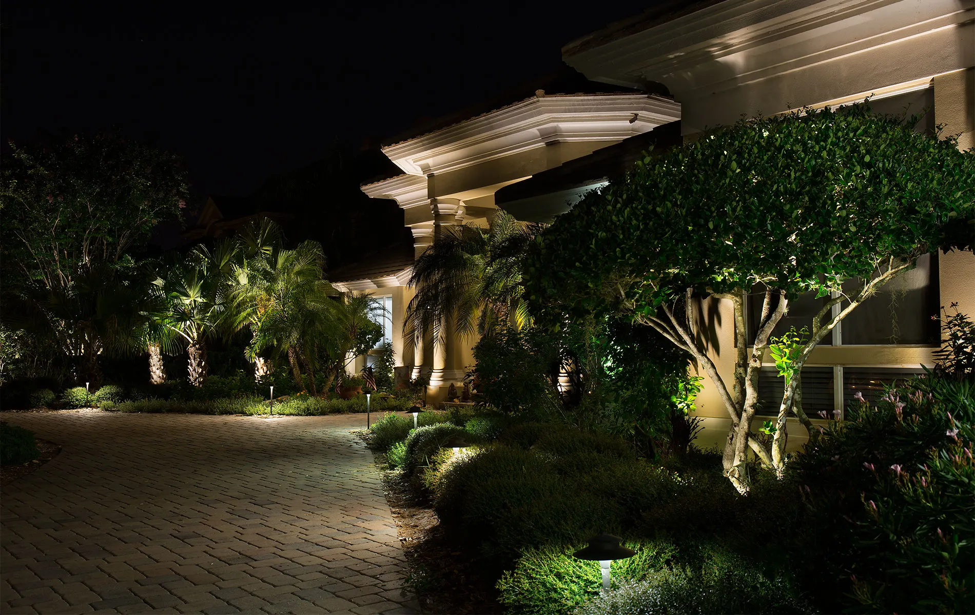 Upscale home paver path with palms, warm uplighting and path lights, night