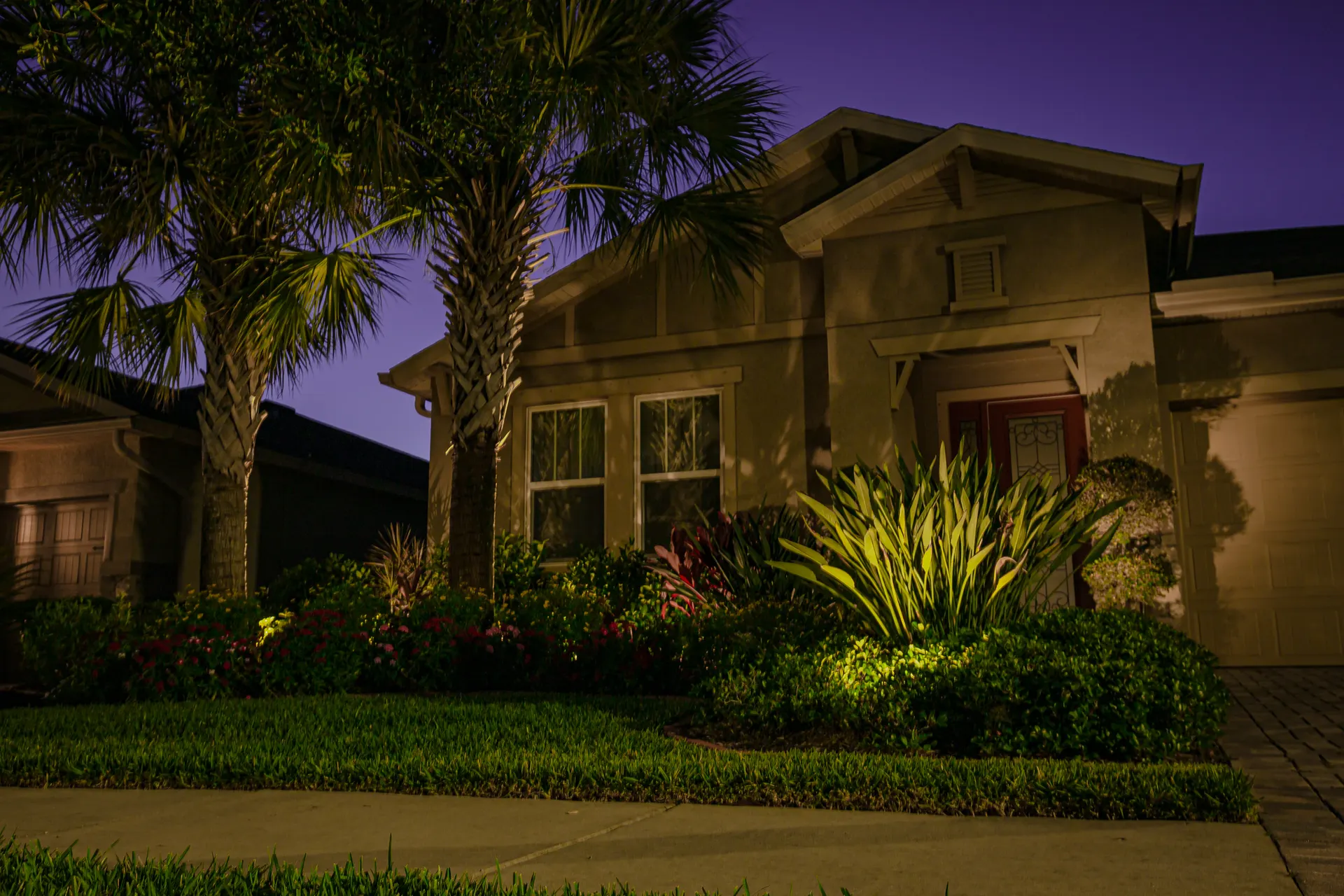 Night home facade, uplit palms, lit plantings, deep blue sky