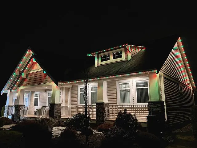 Bungalow rooflines in muted red-green color